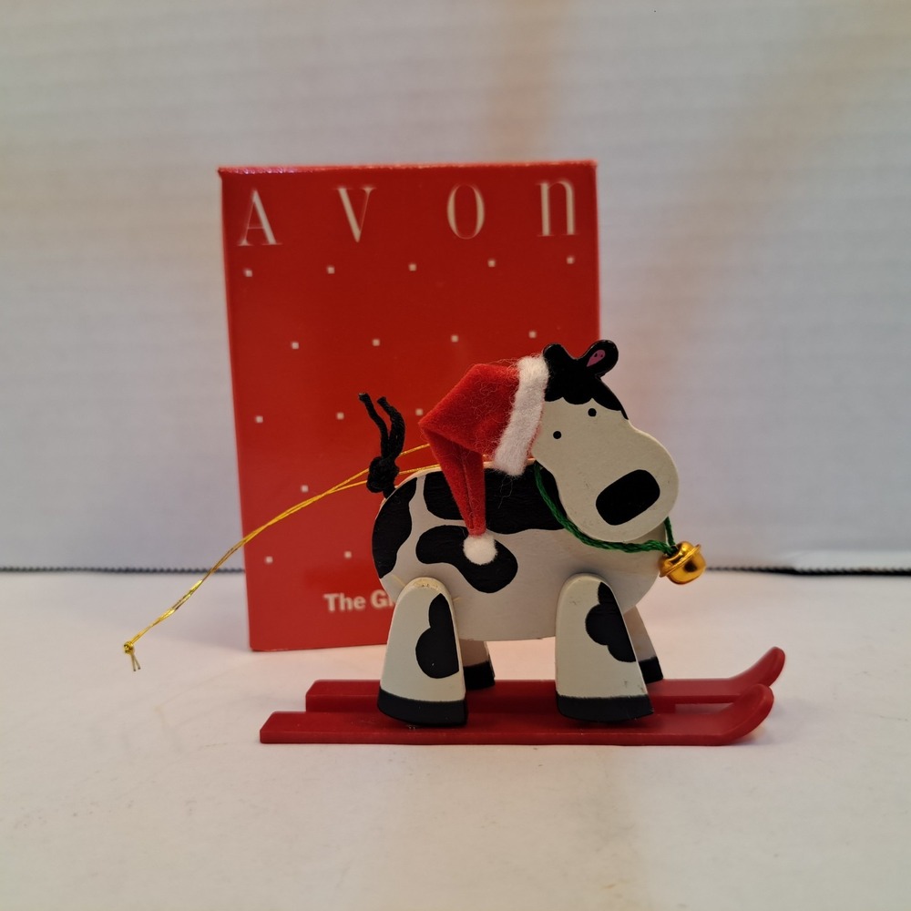 Avon Holly Jolly Skiing Cow Christmas Hanging Ornament